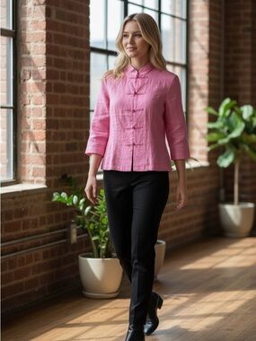 Women’s Pink Mandarin-Collar Linen Jacket Size XS